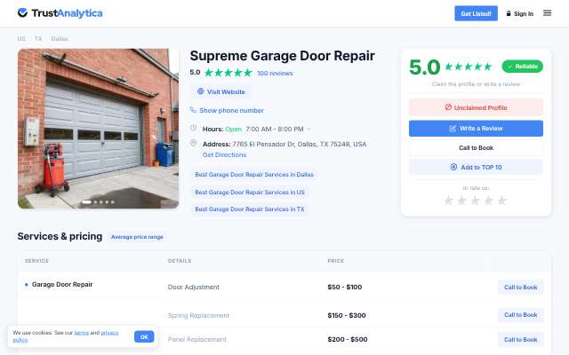 Supreme Garage Door Repair's page as the assistant saw it