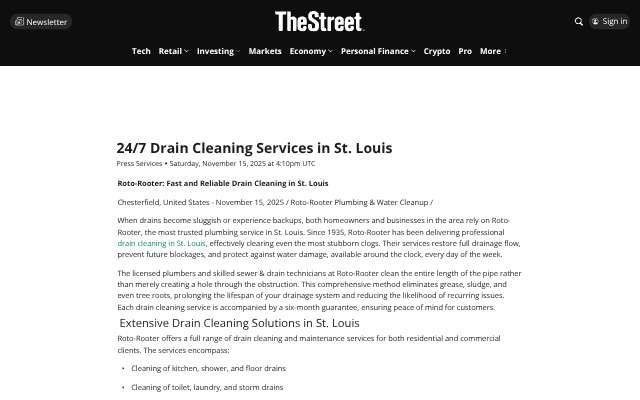 Roto-Rooter press release (prconnect.thestreet.com)'s page as the assistant saw it