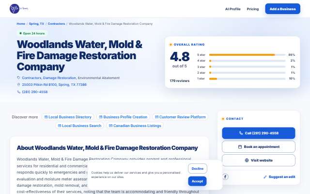 Woodlands Water Restoration's page as the assistant saw it