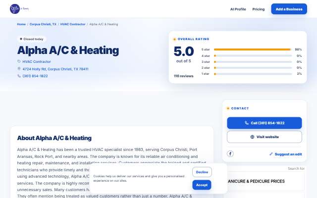 Alpha A/C & Heating's page as the assistant saw it