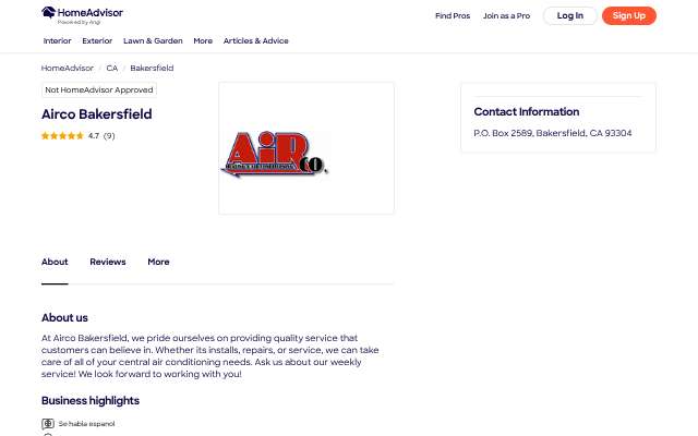 Airco Bakersfield's page as the assistant saw it
