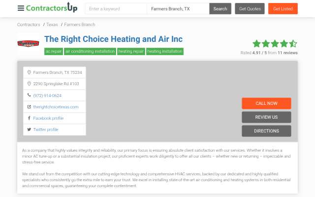 The Right Choice Heating and Air's page as the assistant saw it