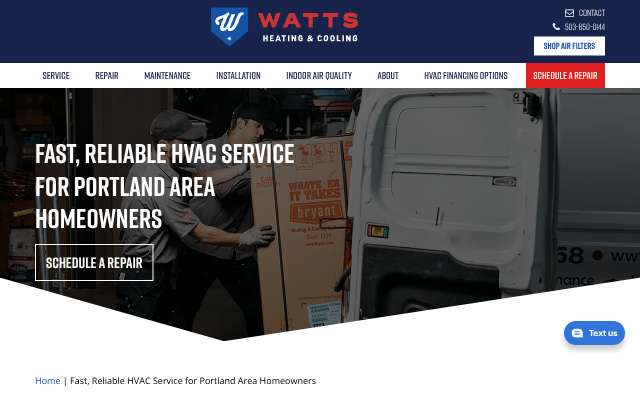 Watts Heating's page as the assistant saw it