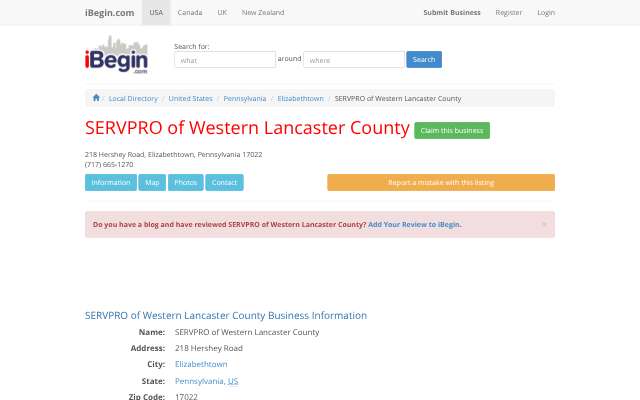 Page cited for SERVPRO of Western Lancaster County