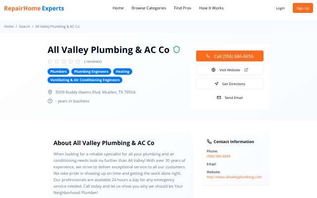 All Valley Plumbing & AC Co.'s page as the assistant saw it