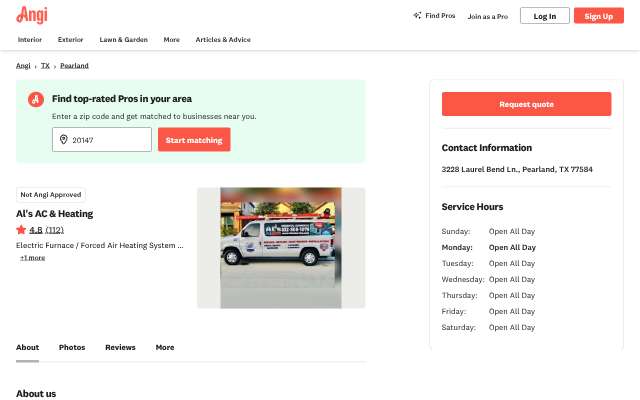 Al's AC & Heating's page as the assistant saw it