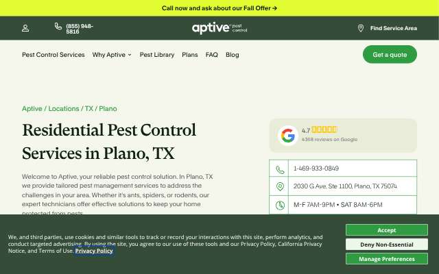 Aptive Pest Control's page as the assistant saw it