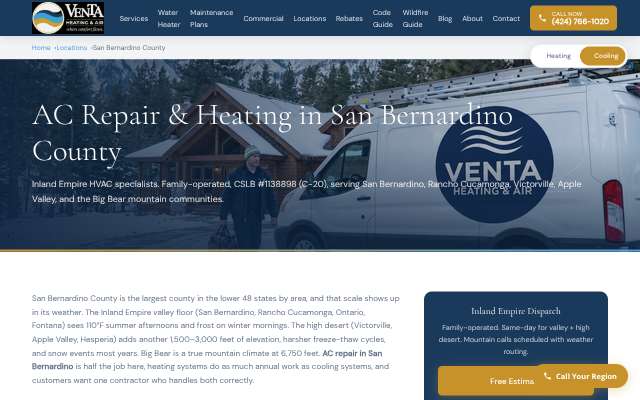 Venta Heating and Cooling's page as the assistant saw it