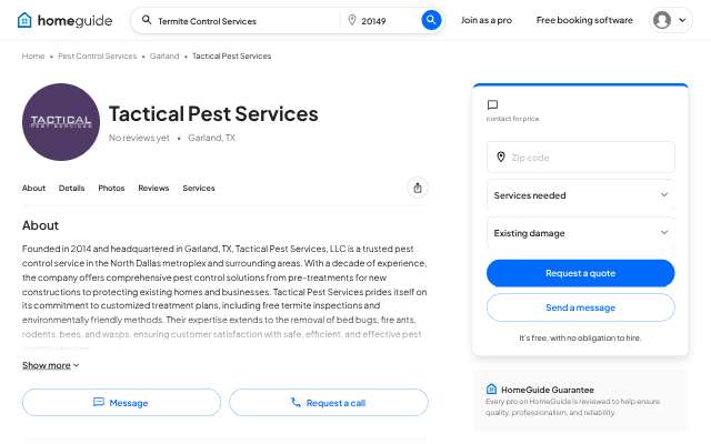 Tactical Pest Services's page as the assistant saw it