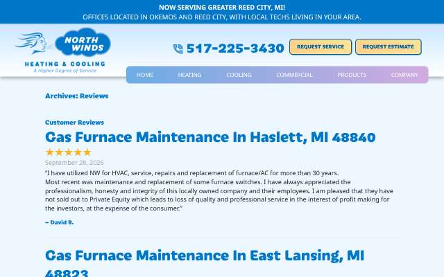 North Winds Heating & Cooling's page as the assistant saw it