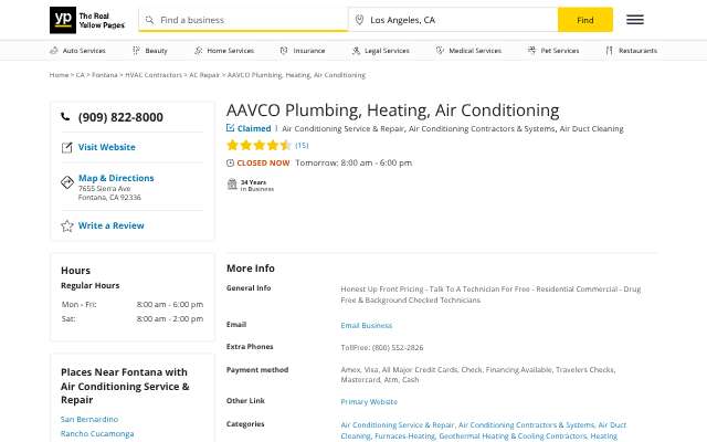 AAVCO Plumbing, Heating, Air Conditioning's page as the assistant saw it