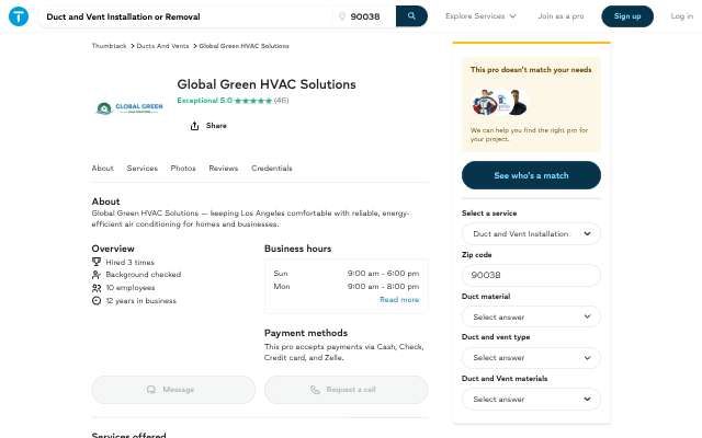 Global Green HVAC Solutions's page as the assistant saw it
