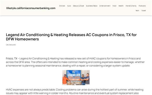 Legend Air Conditioning & Heating's page as the assistant saw it