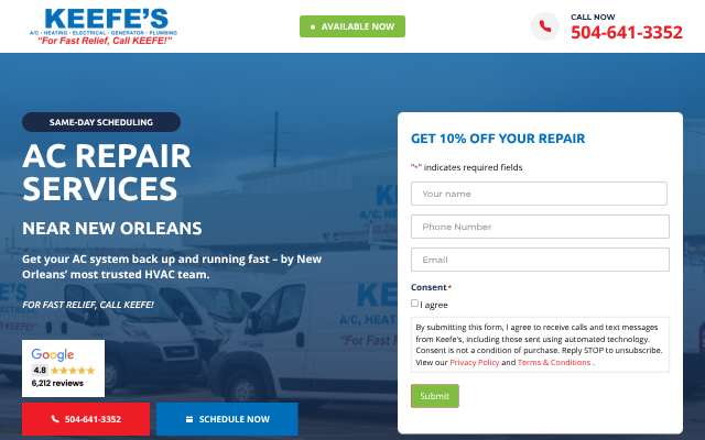 Keefe's Air Conditioning, Heating, Electrical & Plumbing's page as the assistant saw it