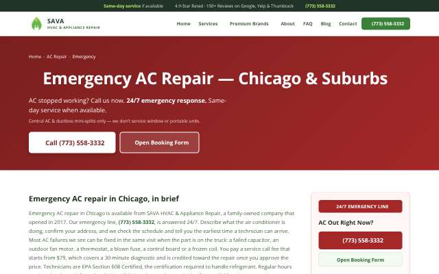 SAVA HVAC & Appliance Repair's page as the assistant saw it