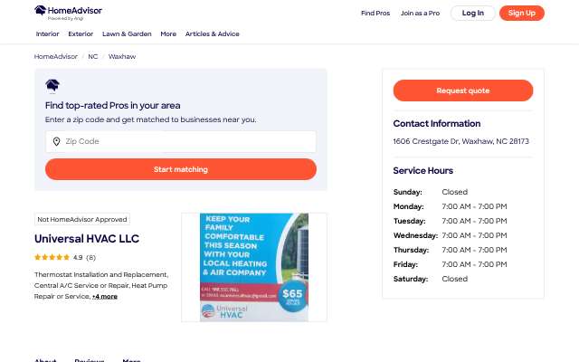 Universal HVAC LLC's page as the assistant saw it
