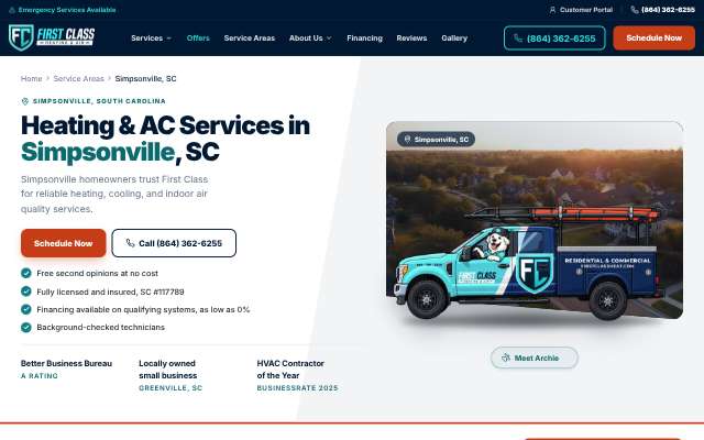 First Class Heating & Air (First Class Home Services LLC)'s page as the assistant saw it