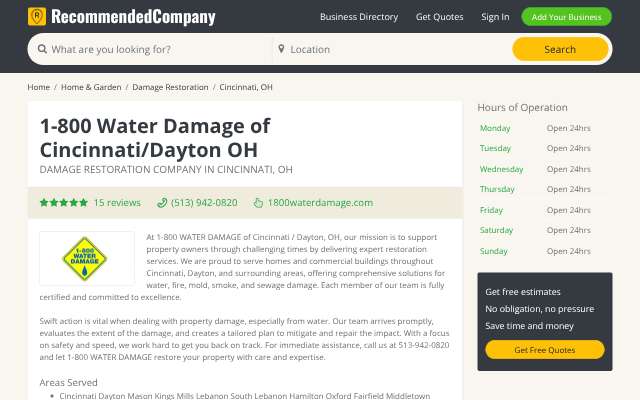 1-800 Water Damage of Cincinnati / Dayton's page as the assistant saw it