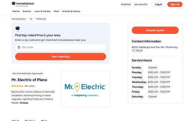 Page cited for Mr. Electric of Plano