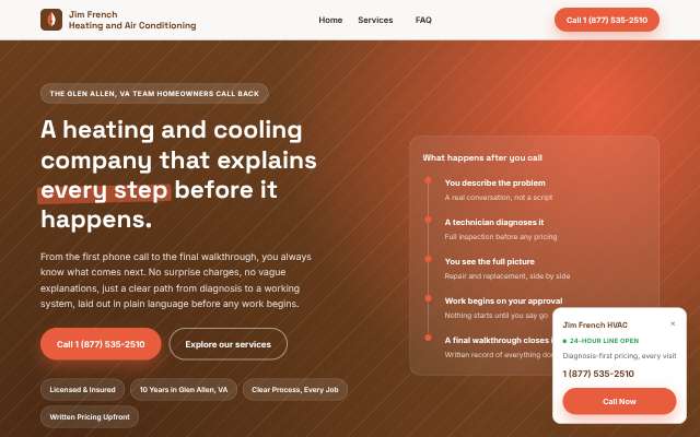 Jim French Heating and Air Conditioning's page as the assistant saw it