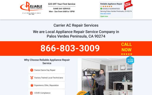 Reliable Appliance Repair's page as the assistant saw it