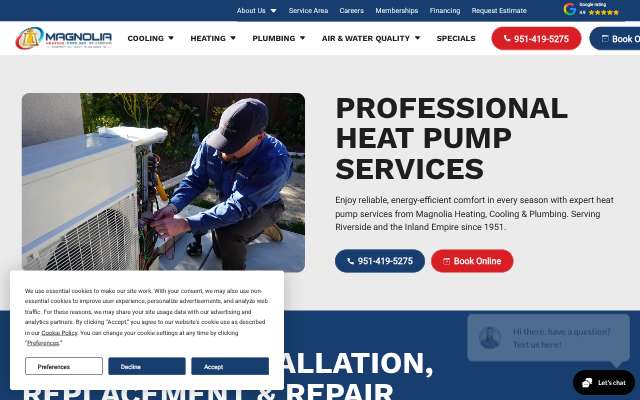 Magnolia Heating, Cooling & Plumbing's page as the assistant saw it