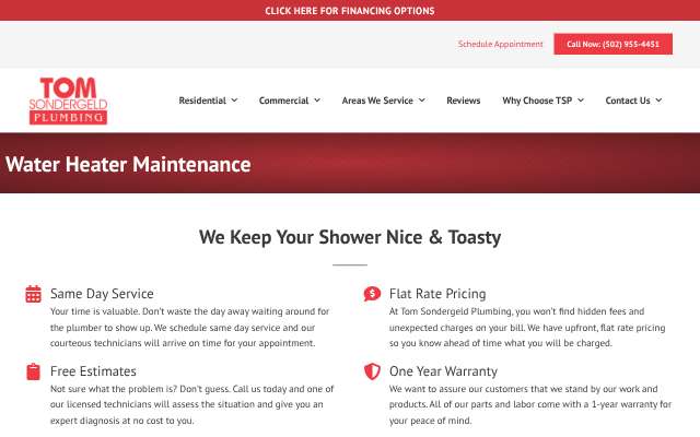 Tom Sondergeld Plumbing's page as the assistant saw it