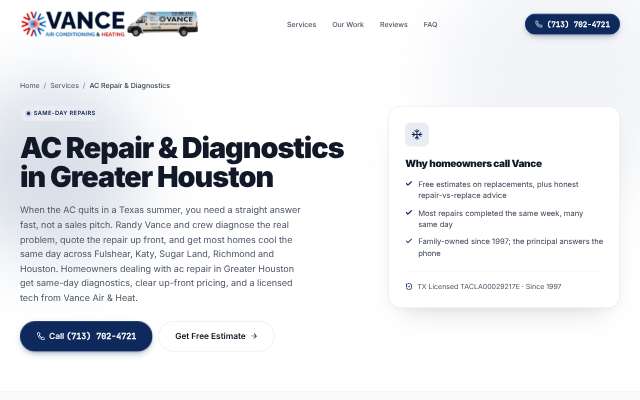 Vance Air & Heat's page as the assistant saw it