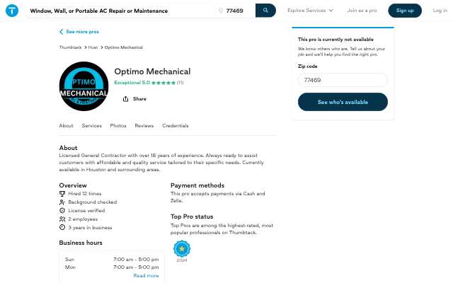 Optimo Mechanical's page as the assistant saw it