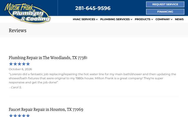 Milton Frank Plumbing & Cooling's page as the assistant saw it