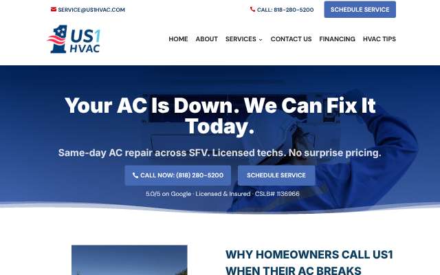 US1 HVAC's page as the assistant saw it