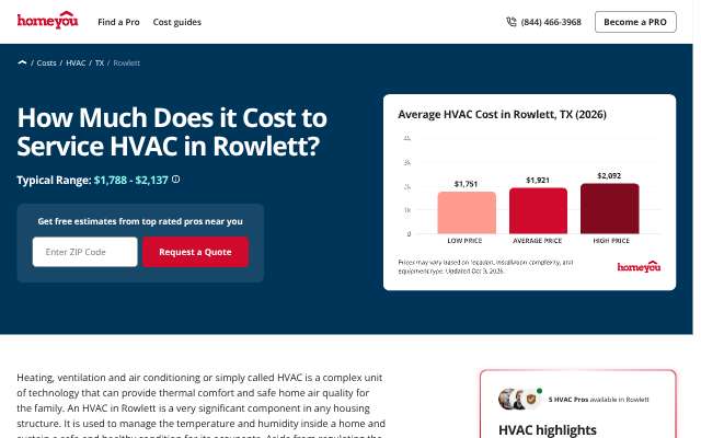homeyou.com Rowlett HVAC costs's page as the assistant saw it
