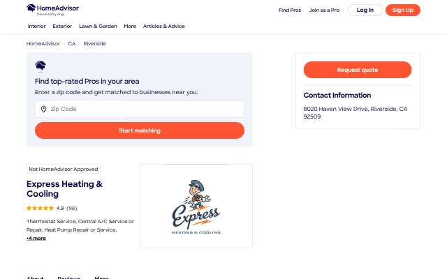 Express Heating & Cooling's page as the assistant saw it