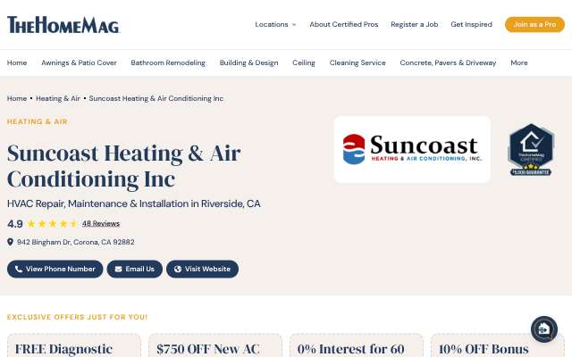 Suncoast Heating & Air Conditioning's page as the assistant saw it