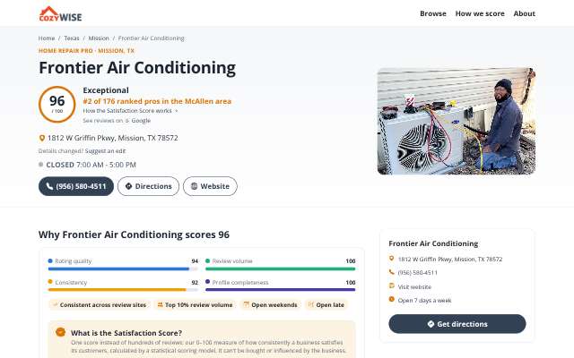 Frontier Air Conditioning's page as the assistant saw it