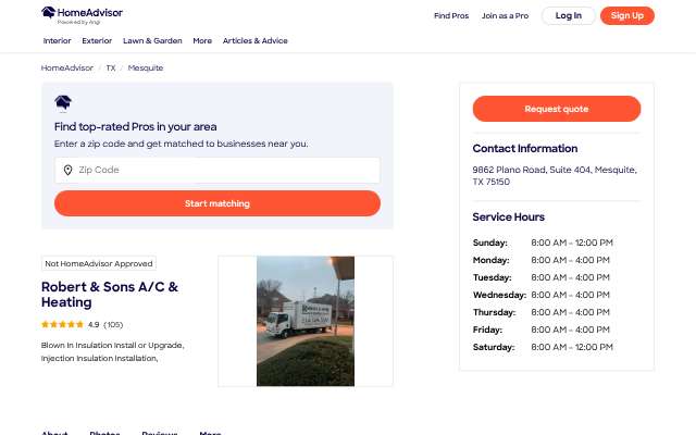 Robert & Sons A/C & Heating's page as the assistant saw it