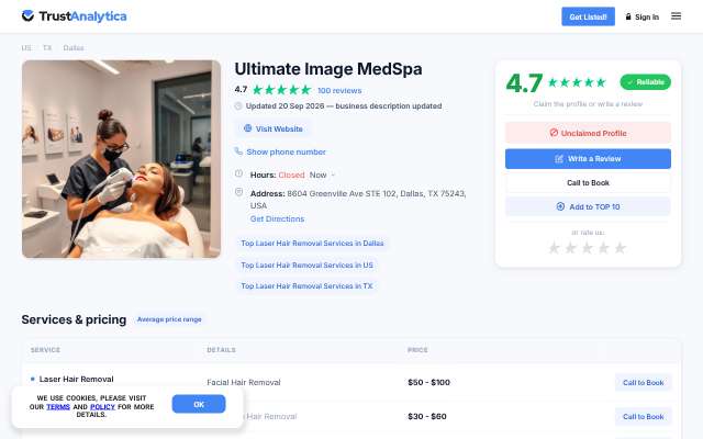 Ultimate Image MedSpa's page as the assistant saw it