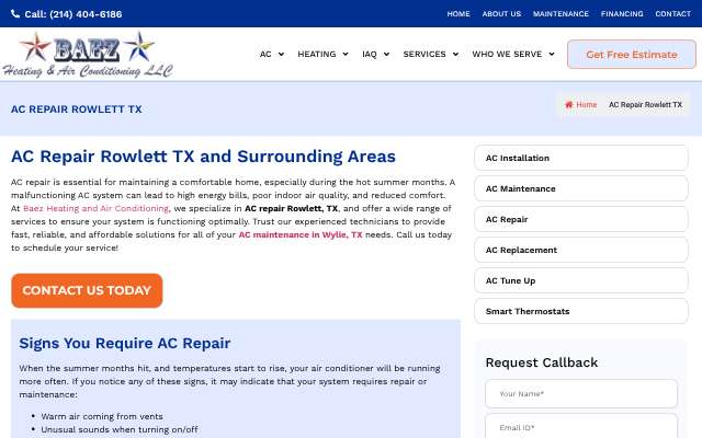 Baez Heating and Air Conditioning LLC's page as the assistant saw it