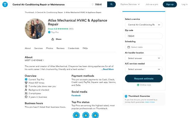 Atlas Mechanical HVAC & Appliance Repair's page as the assistant saw it