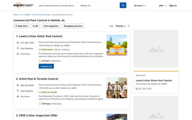 Terminator Pest Control's page as the assistant saw it