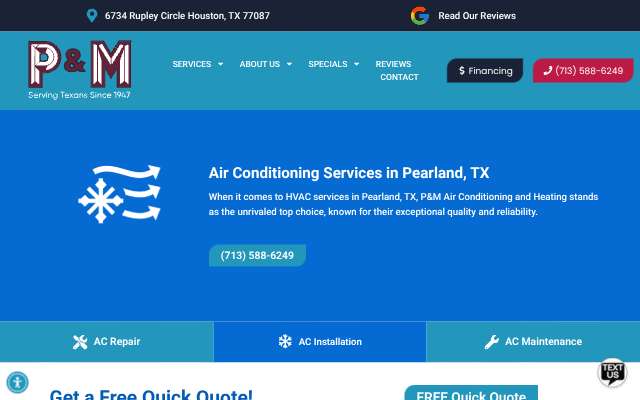 P&M Air Conditioning and Heating's page as the assistant saw it
