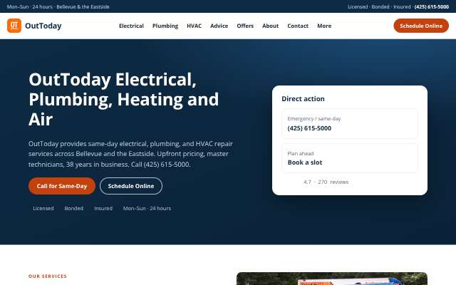 OutToday Plumbing, Heating & Electrical's page as the assistant saw it