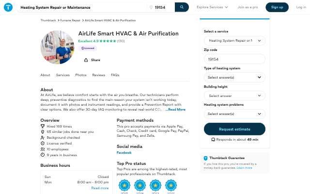Airlife Smart Hvac & Air Purification's page as the assistant saw it