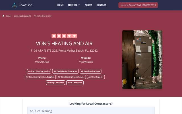 Von's Heating and Air's page as the assistant saw it