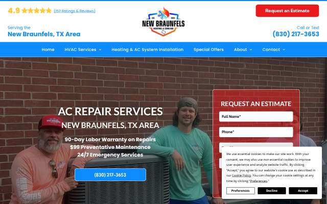 New Braunfels Heating and Cooling's page as the assistant saw it