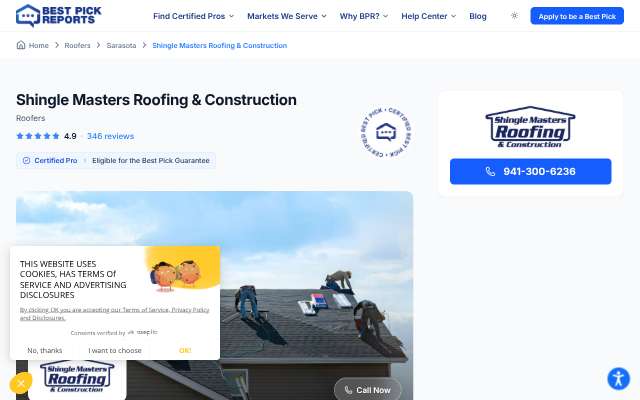 Shingle Masters Roofing & Construction's page as the assistant saw it