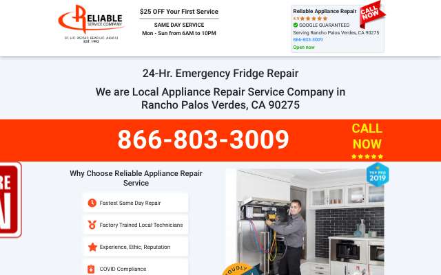 Reliable Appliance Repair's page as the assistant saw it
