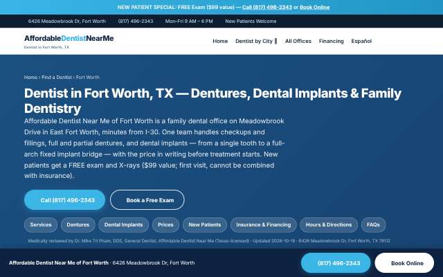 Affordable Dentist Near Me (Fort Worth)'s page as the assistant saw it