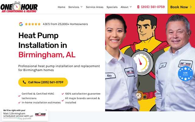 One Hour Air Conditioning & Heating's page as the assistant saw it