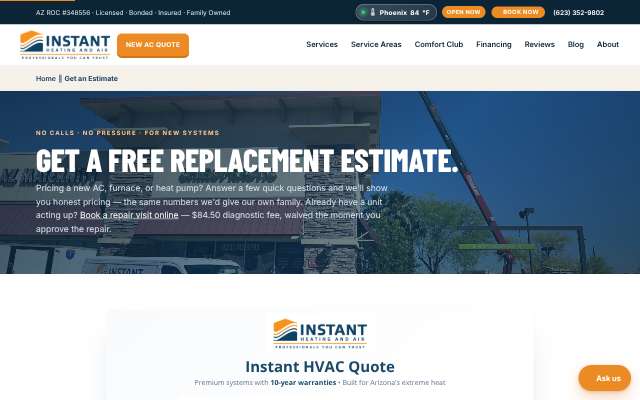 Instant Heating and Air's page as the assistant saw it